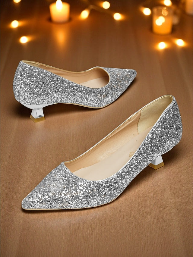 Glitter Pointed Pumps Low Women's - Sparkly Toe Heel