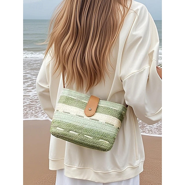 Gestreift mit Tasche Colorblock Damen Stroh gewebt braun Tote