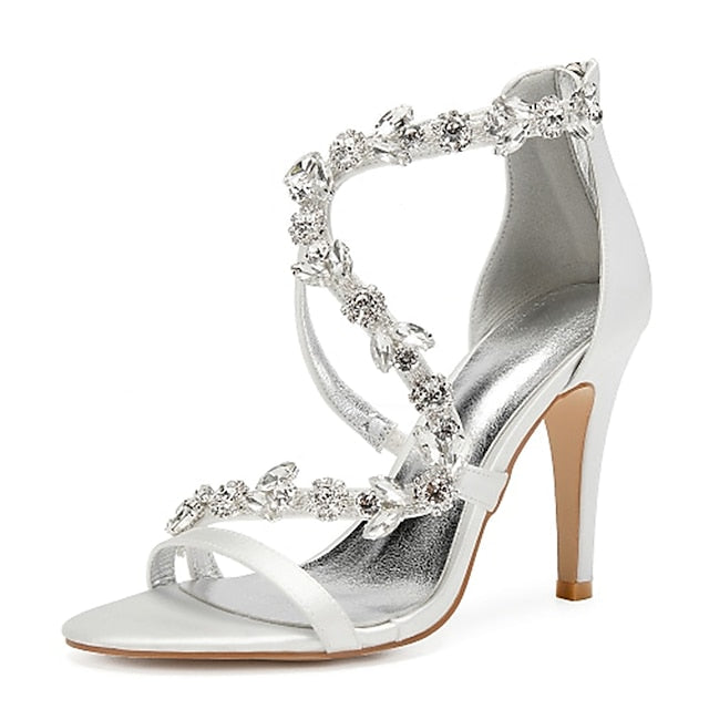 Floral Pink Sandals with High Heel Rhinestone Women's Satin