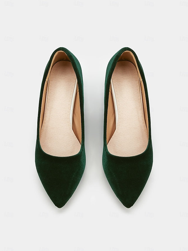 Pumps - Block Heel Elegant Green Women's Pointed Velvet Toe