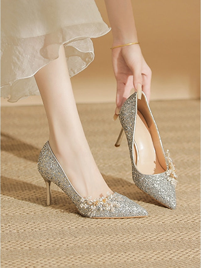 with Women's Glitter Floral Heels Silver Stiletto