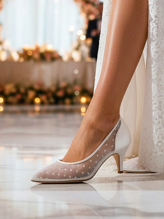 Wedding and Women's Shoes Mesh White Polka with Dot Low