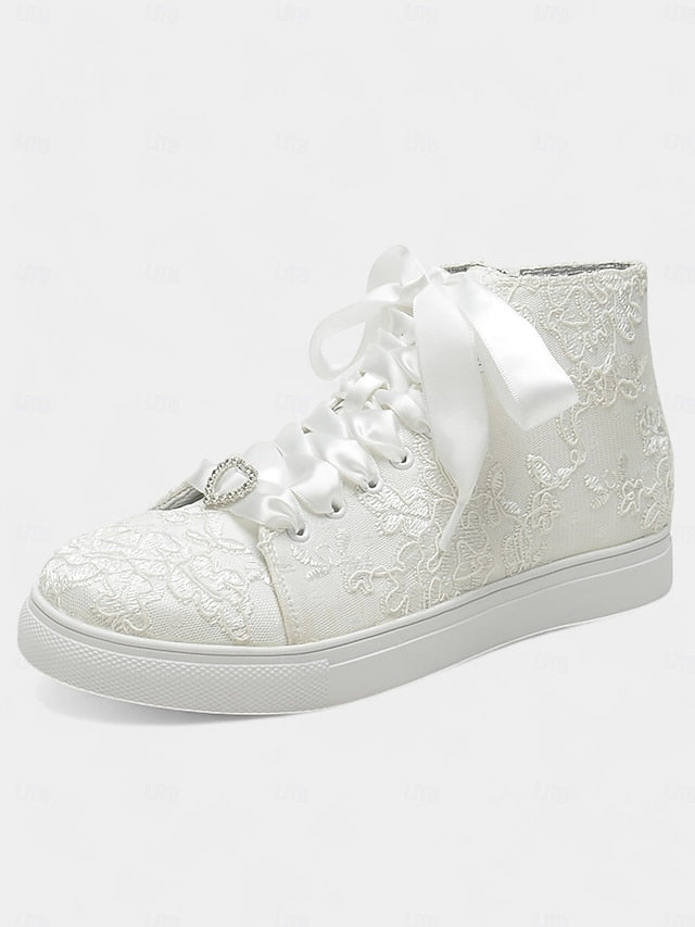 Women's Wedding Sneakers Ribbon Lace Satin with Ivory Laces