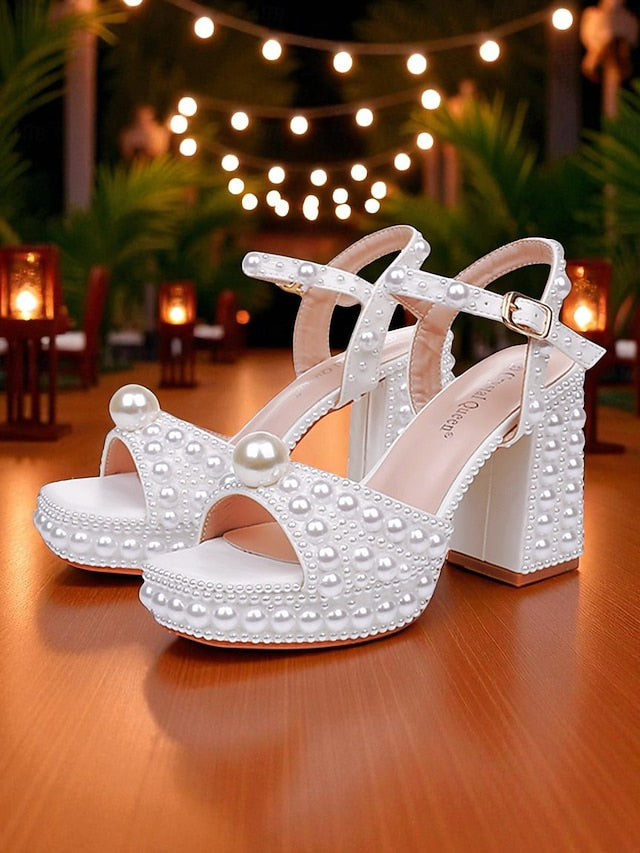 Women's Heel Platform White Embellished Sandals Pearl Block
