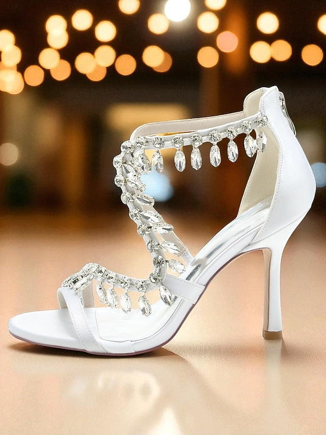 High Women's with Strappy Sandals Rhinestone White Heel