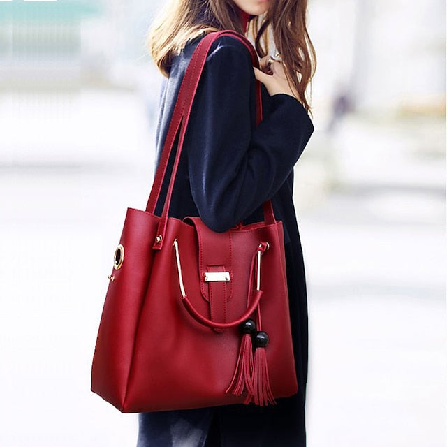 Ensemble 3 pièces pour femme : sac fourre-tout en cuir rose et sac à main en similicuir