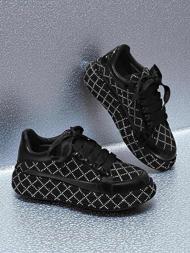 Quilted and Rhinestone Black Sneakers - Women's Silver