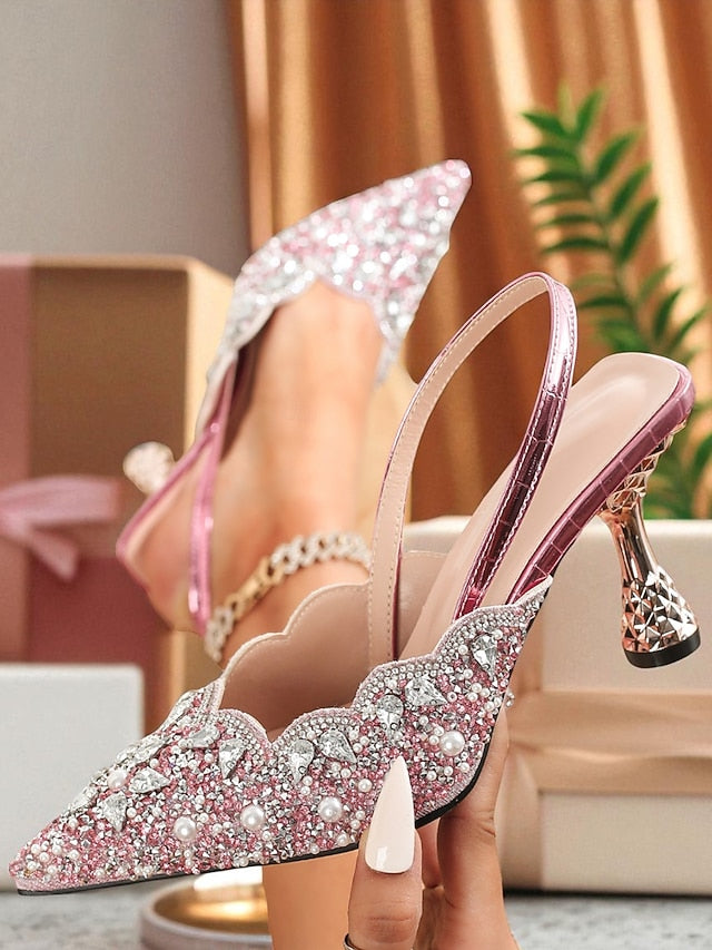 Toe Party - Slingback Pointed Rhinestone Pink Heels Women's