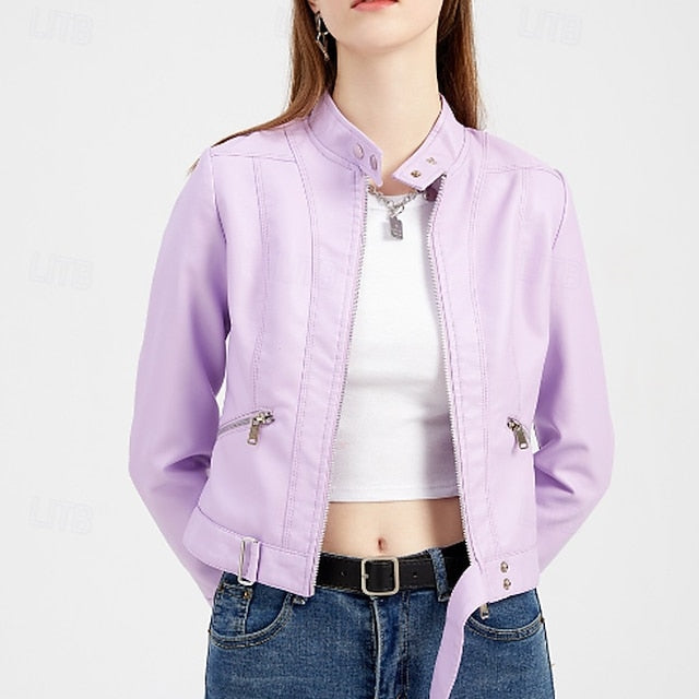 Faux Comfortable Pocket Women's Leather Jacket Zipper