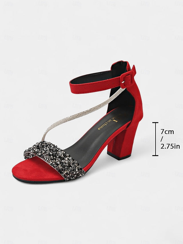 Heel with Women's Strap Sandals Ankle Rhinestone Block