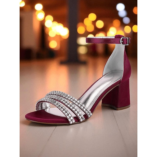 with Sandals Women's Block Heel Purple Rhinestone Satin