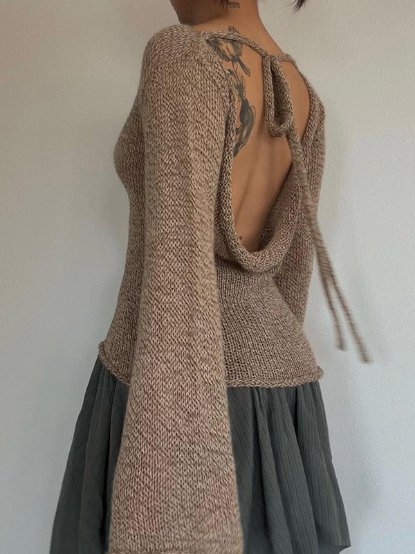 Pull vintage marron à col rond et manches longues en cloche avec lacets croisés dans le dos AN1039