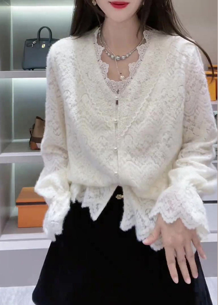 French Lace Neck White V Top Patchwork Spring