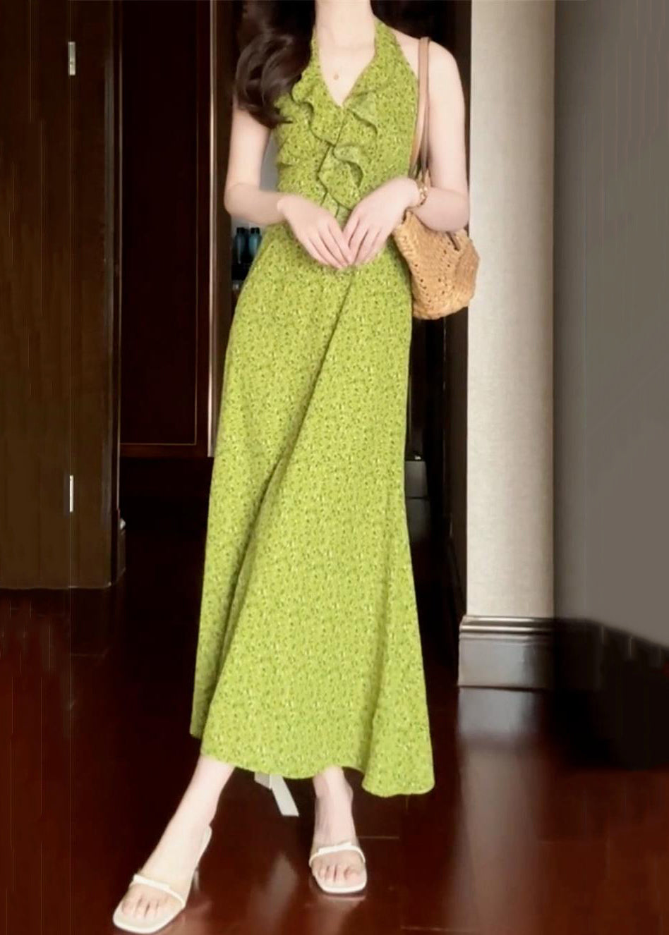 Nouvelle robe imprimée à volants en coton vert sans manches longue