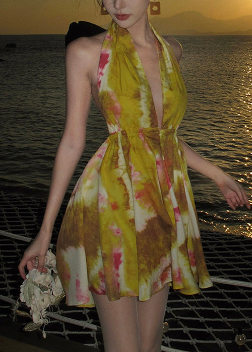 Robe en mousseline de soie jaune, mini imprimé, élégante, en dentelle, dos nu