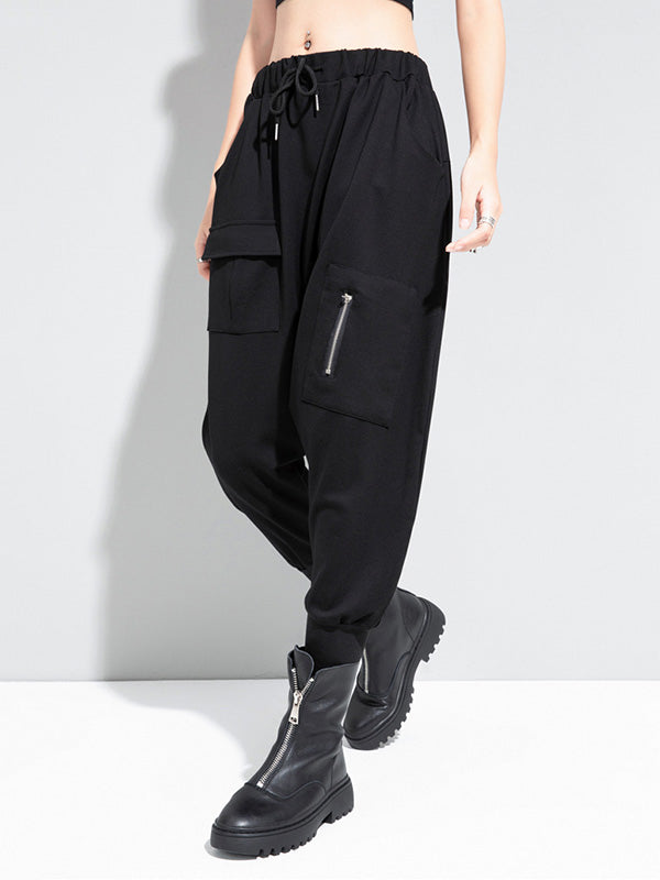 Pantalon sarouel simple noir avec poches à la taille et élasticité WS012