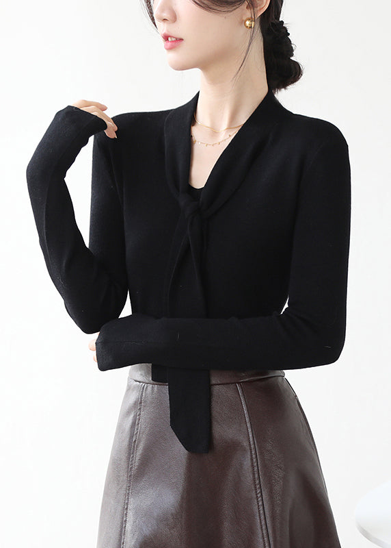 Pull en maille marron fin à col en V et lacets, automne-hiver RV030
