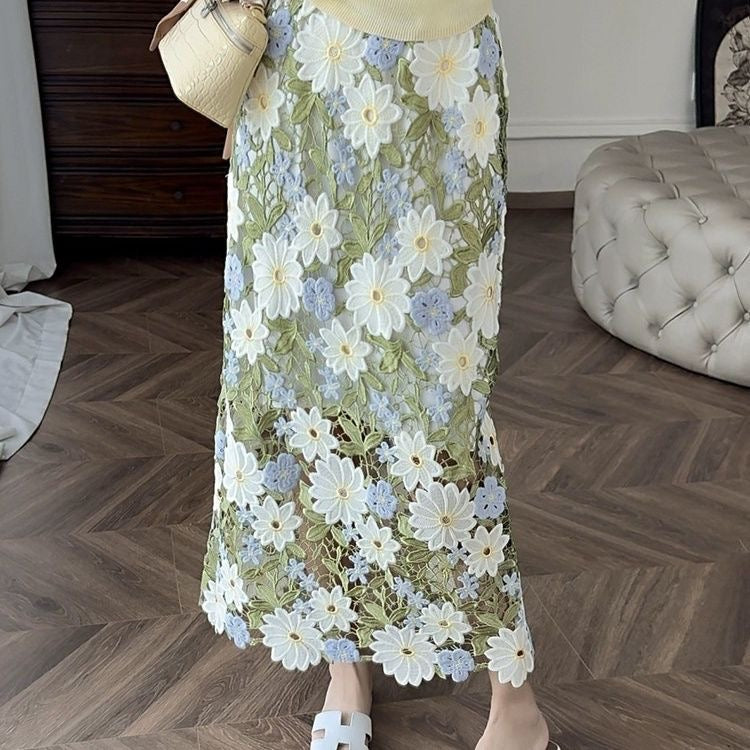 Floral Green Straight Elegant Embroidery Skirt