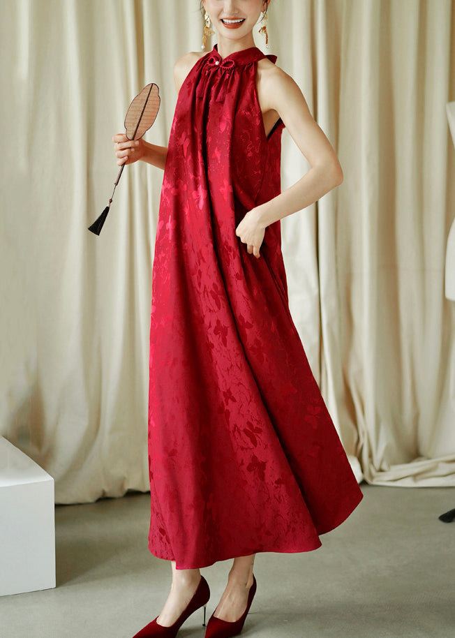 Robe longue ample rouge en coton sans manches avec nœud en jacquard