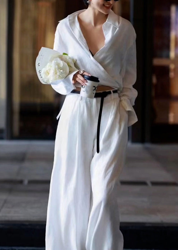 Ensemble chemise et pantalon en lin blanc naturel à col Peter Pan et taille haute à manches longues AN1032