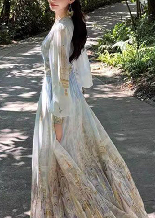 Robe longue en mousseline imprimée, taille bleue, élégante, col en V, printemps