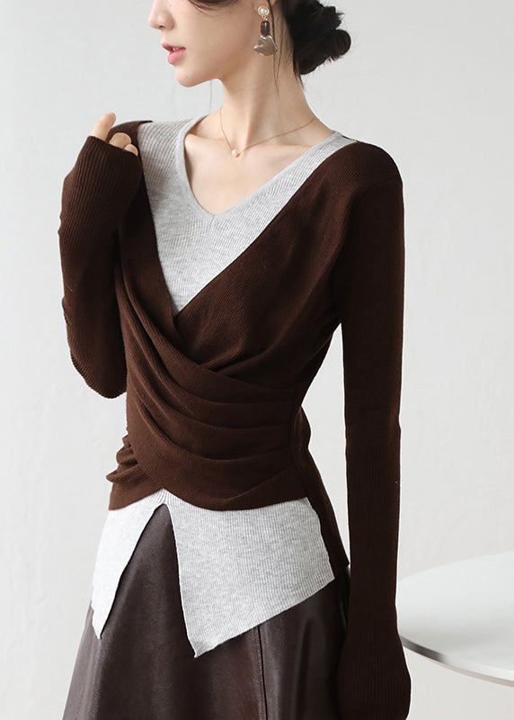 Mode Khaki Kreuz Patchwork Falsche Zwei Stücke Stricken Top Winter RV034