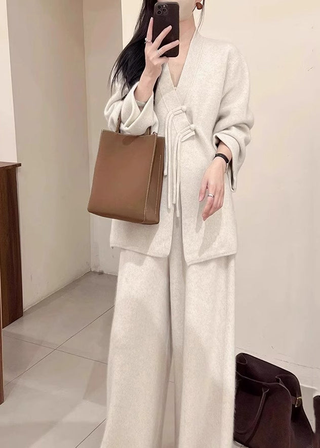 Ensemble deux pièces gris clair avec manteau et pantalon en tricot boutonné à col en V, automne WV028