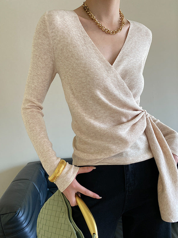 French Apricot V-Ausschnitt Asymmetrischer Schnürpullover mit langen Ärmeln QX015