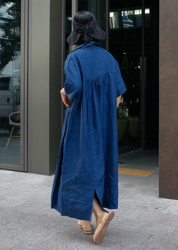 Faltenkleid mit offenen Ärmeln, seitlich, kurz, Leinen, Blau