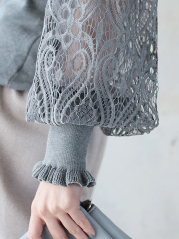 Pull noir à col rond et manches longues bouffantes en dentelle creuse et patchwork QX011