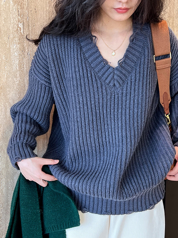 Pull en tricot à manches longues et col en V Urban Fuchsia AN1046