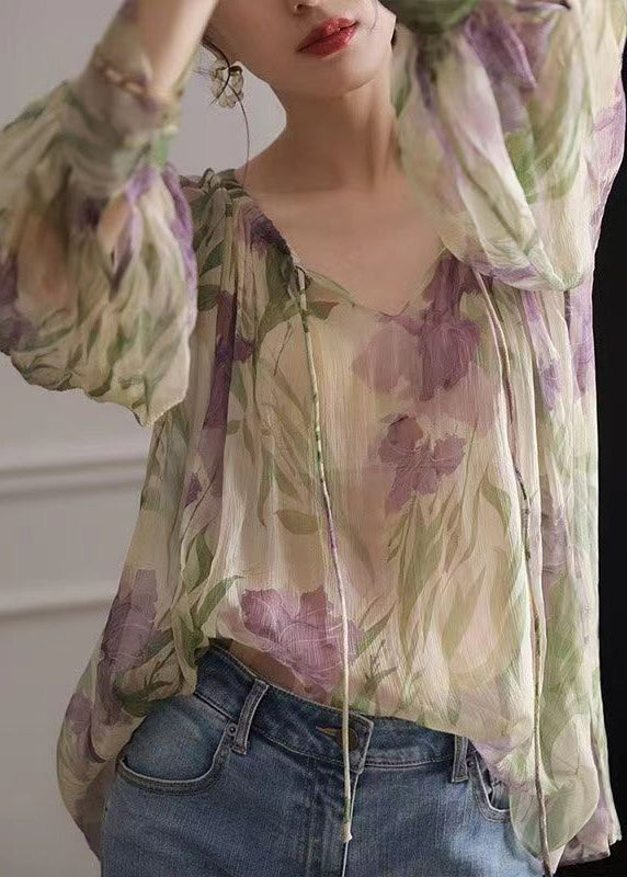 Französische Chiffonbluse mit langem Ärmel und grünem Aufdruck EE009