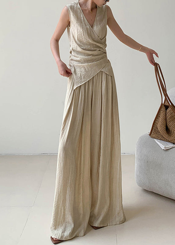 Boutique Abricot V-Neck Wrinkle Lin Gilet Et Pantalon Large Jambe Deux Pièces Ensemble Été AN1025