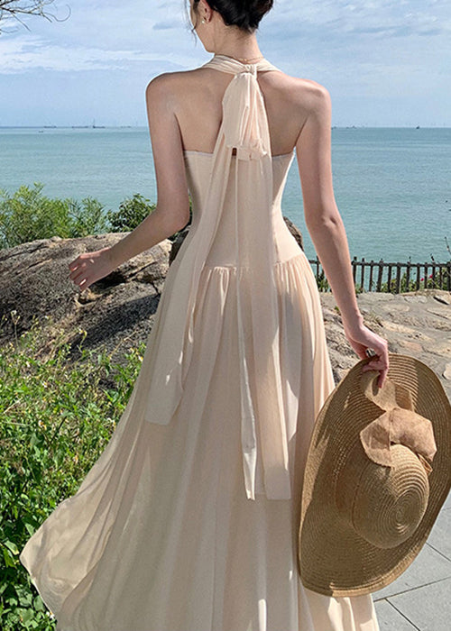 Robes taille froissée haute longue coton été abricot
