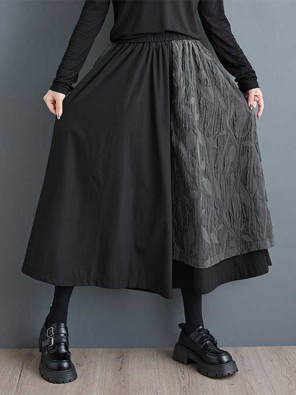 Pantalon large taille haute ample vintage noir avec poches et texture jacquard patchwork, culotte WS002