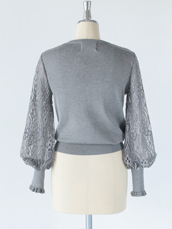 Pull noir à col rond et manches longues bouffantes en dentelle creuse et patchwork QX011