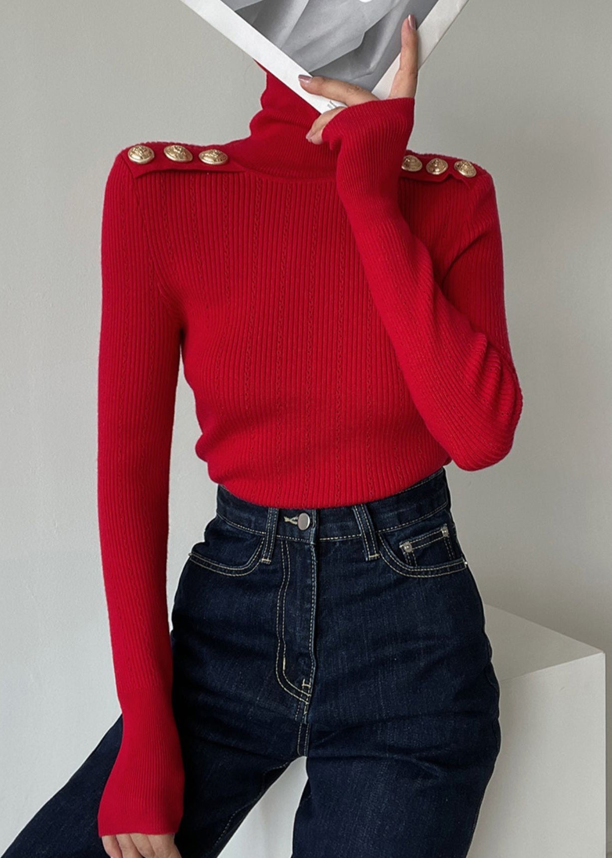 Pull élégant en laine noire à col montant et patchwork, idéal pour l'hiver (RV023)