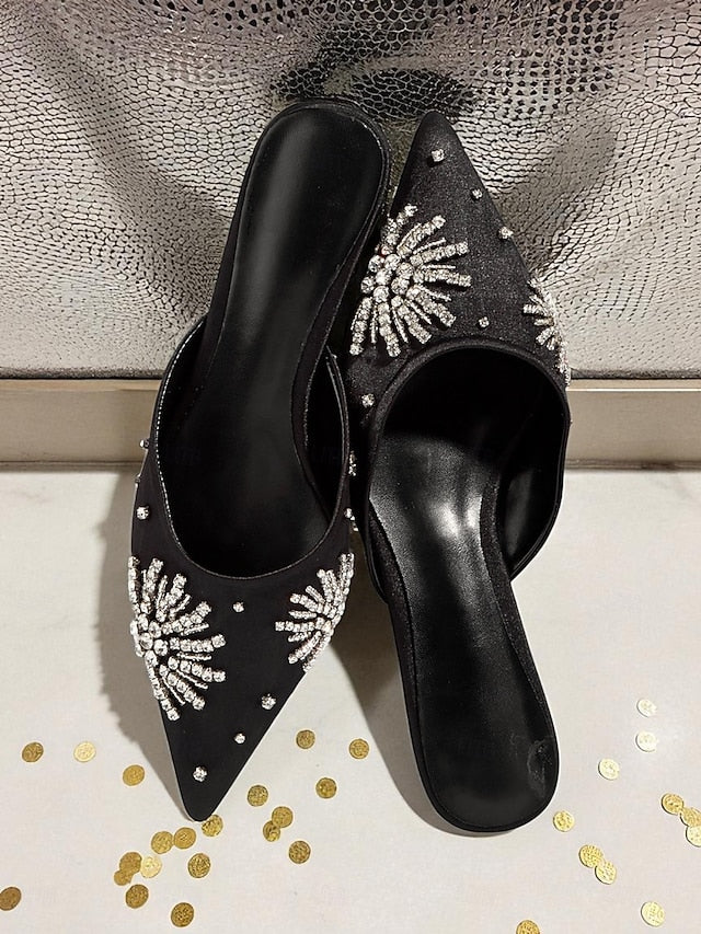 with Women's Mules Rhinestone Toe Pointed Satin Black