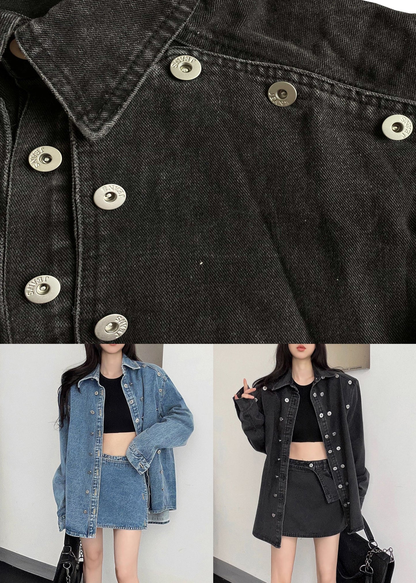 Ensemble deux pièces en denim bleu français à col Peter Pan et boutons Automne EE005