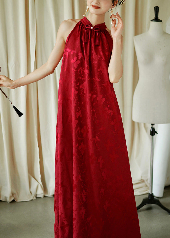 Robe longue ample rouge en coton sans manches avec nœud en jacquard