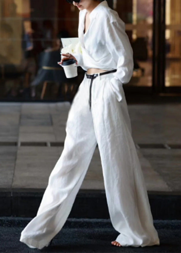 Ensemble chemise et pantalon en lin blanc naturel à col Peter Pan et taille haute à manches longues AN1032