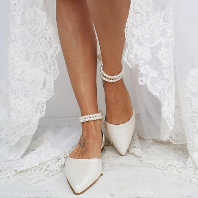 – Elegant Strap Bridal Ankle Flats White Women's Pearl