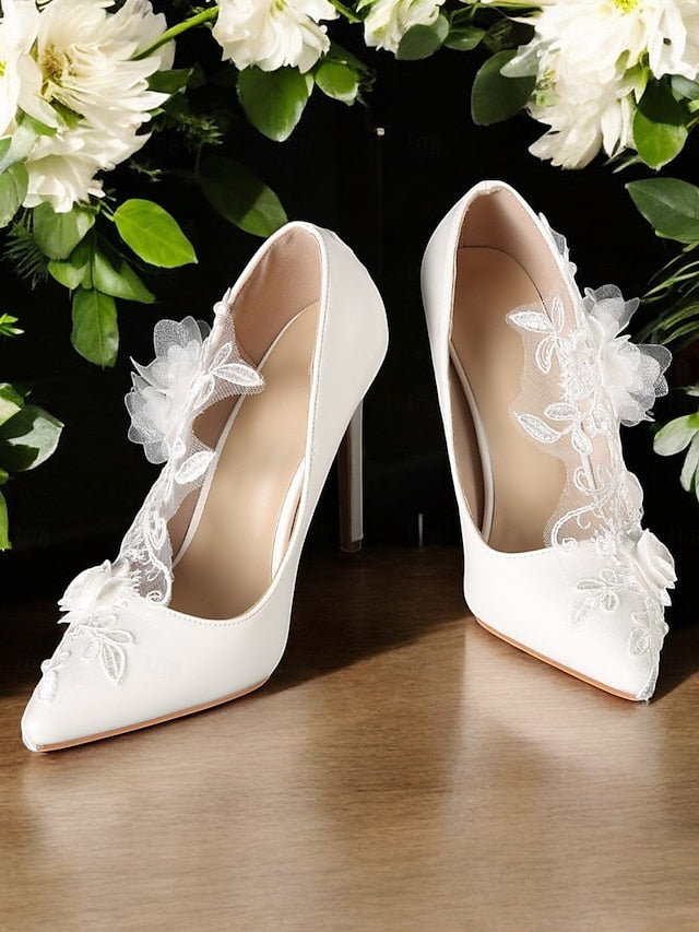 Wedding Shoes White Lace Embellishments with Floral