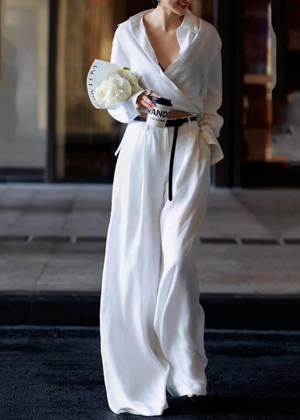 Ensemble chemise et pantalon en lin blanc naturel à col Peter Pan et taille haute à manches longues AN1032