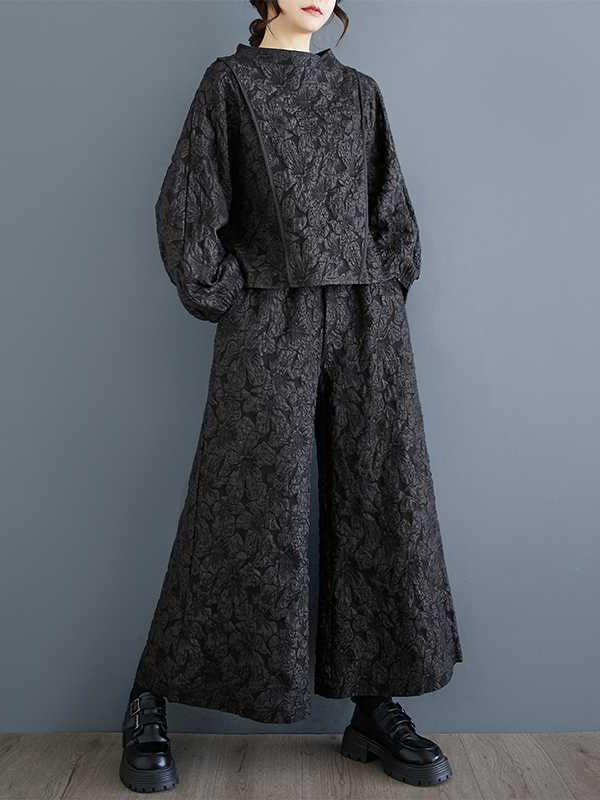 Edles schwarzes Jacquard-Set mit Raglanärmeln, Rundhalsausschnitt und weiten Hosenbeinen, Taschen in der Taille und Gummizug im Hosenbund WS014