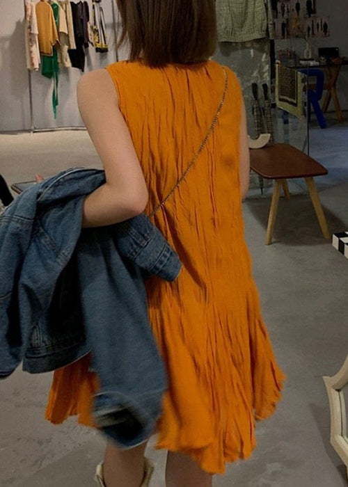 Neues, ärmelloses Kleid aus massiver Baumwolle mit Rundhalsausschnitt in Orange QP038