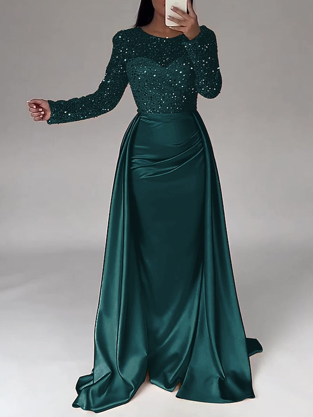 Evening Long Dress Gown Mermaid RuchedSatin Sleeves Sequin