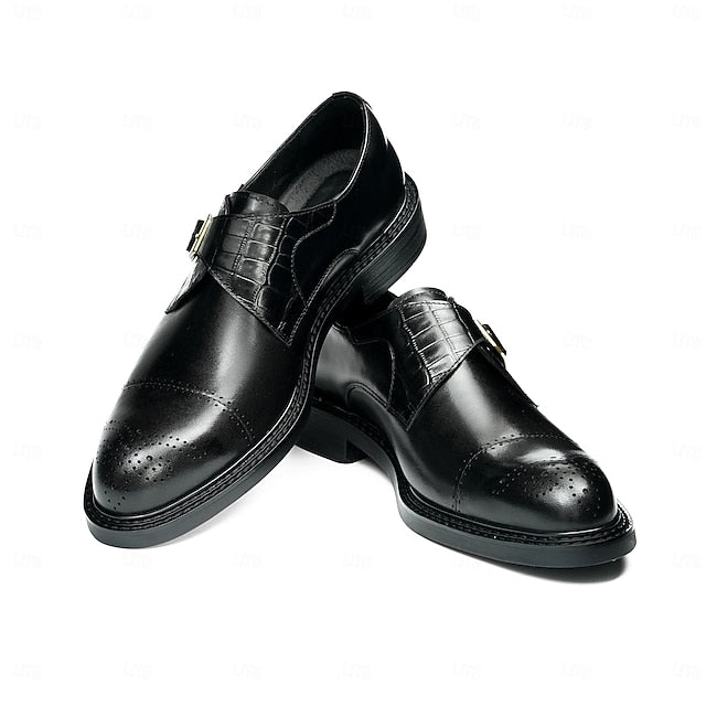 Genuine Leather Strap Black First Dress Monk Men's Shoes-