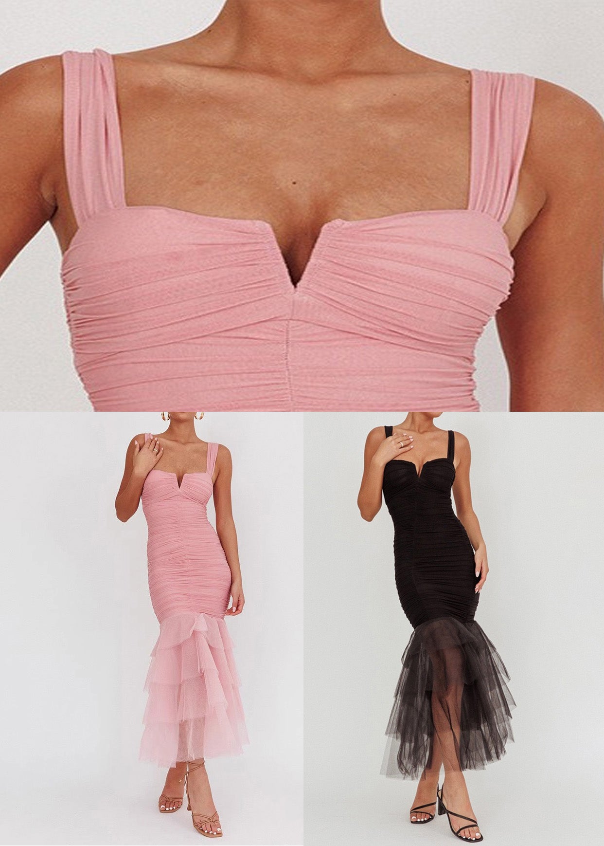 Robe d'été à bretelles spaghetti froissée patchwork en tulle noir