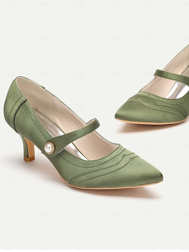 Elegant Green Heels - Button Satin Jane Pearl Mary with